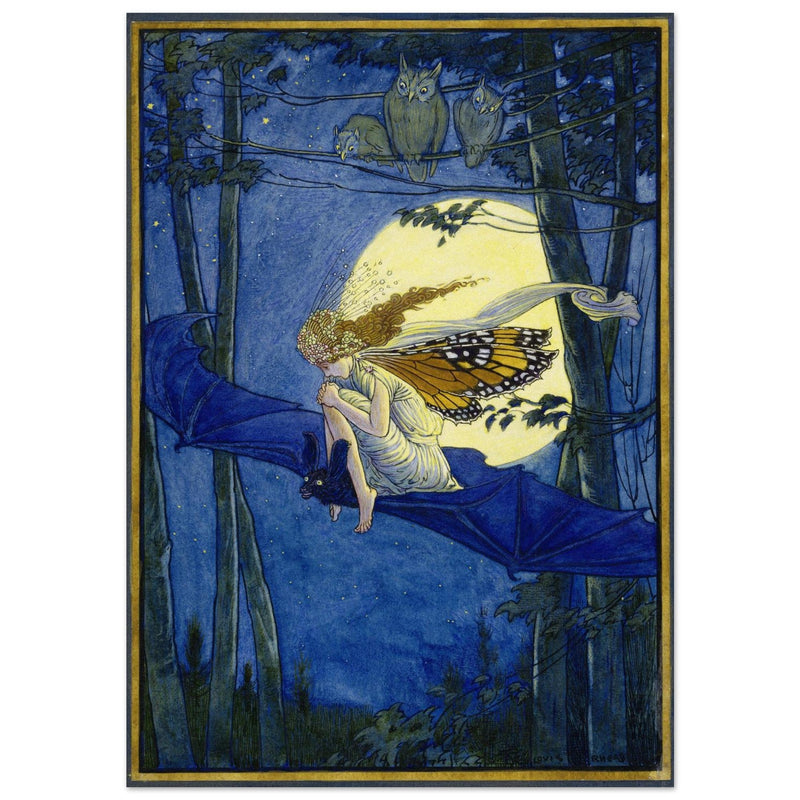 Ariel on a bat's back illustration by Louis Rhead