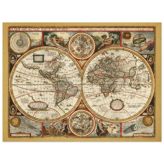 Ancient world map. Beautiful illustrated double sphere cartography of the XVIII Century by Frederick de Wit