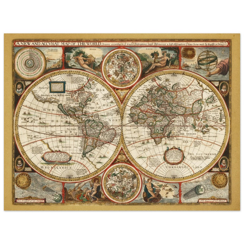 Ancient world map. Beautiful illustrated double sphere cartography of the XVIII Century by Frederick de Wit