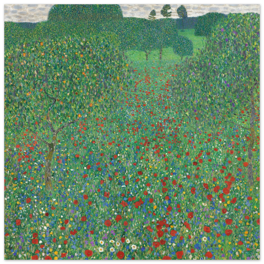 Gustav Klimt Flowering Poppies painting Green landscape .
