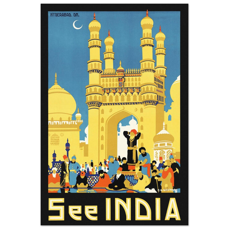 See India vintage travel poster. Charminar monument in Hyderabad.