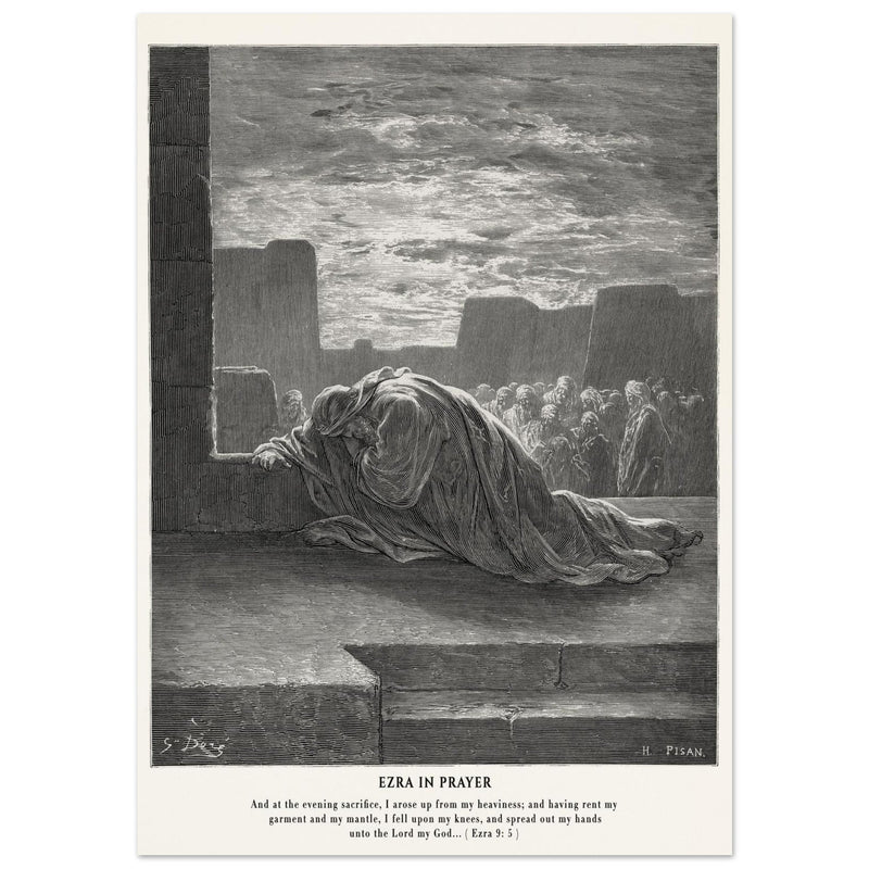 Gustave Dore The Bible engraving print . Ezra in prayer illustration .