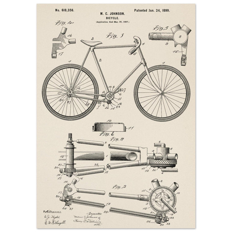 Vintage bicycle patent 1899 by M. C Johnson.