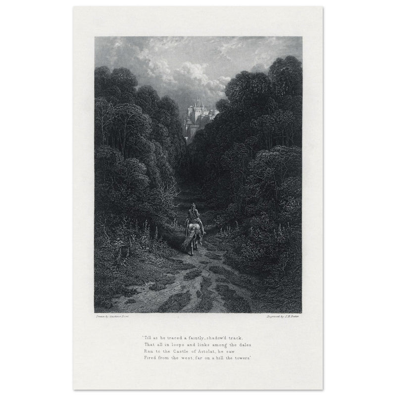 Gustave Dore illustration of King Arthur legend .Lancelot approaching the Castle of Astolat, Idylls of the King by Alfred Tennyson.