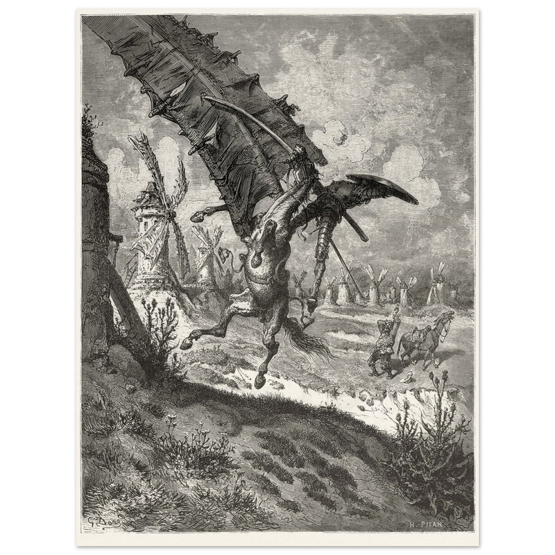 Don Quixote illustration by Gustave Dore. Fight with the wind mills .