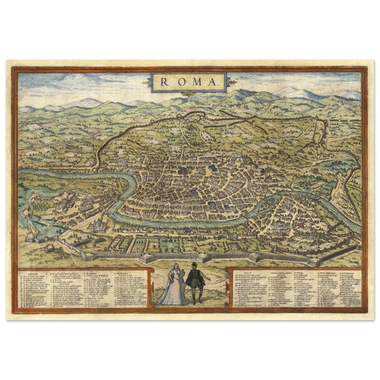 Ancient map of Rome with engravings by Georg Braun and Frans Hogenberg.