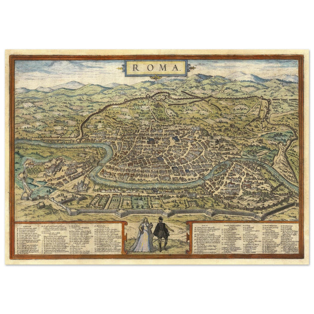 Ancient map of Rome with engravings by Georg Braun and Frans Hogenberg.