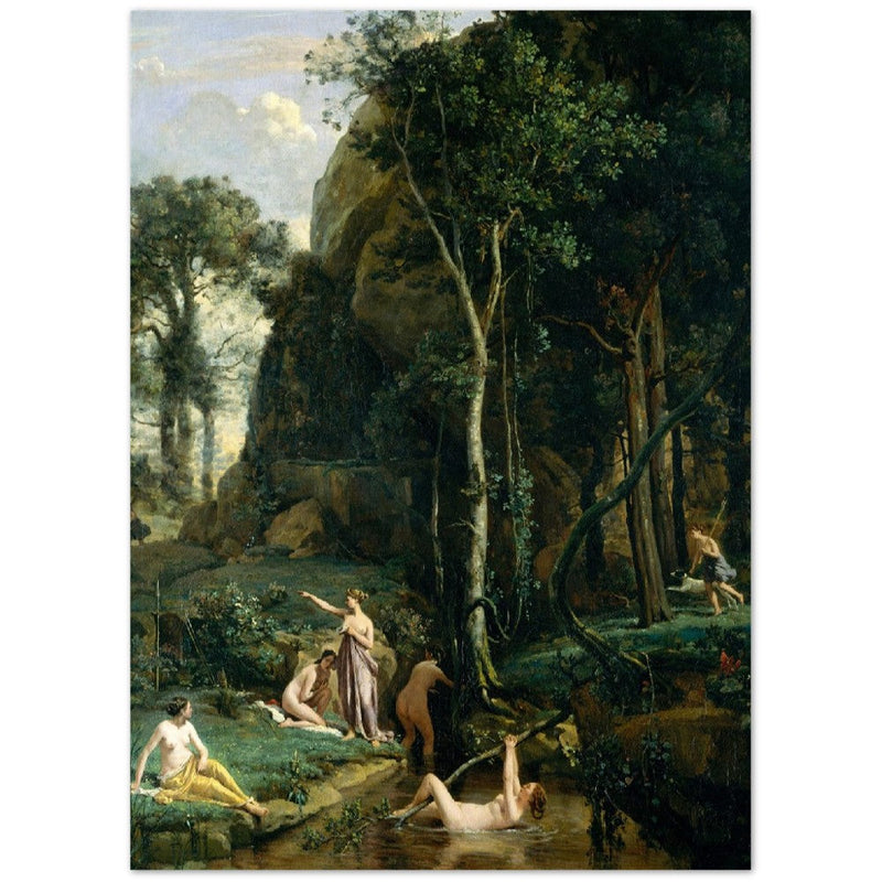 Diana and Actaeon ( Diana Surprised in Her Bath ) by Camille Corot 1836. Antique painting art print. Greek mythology .