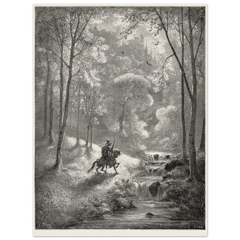 Gustave Dore depiction of knight Don Quixote riding in the countryside in one of his adventures.