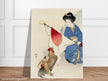 Woman with Japanese flag and a rooster by Takeuchi Keishu