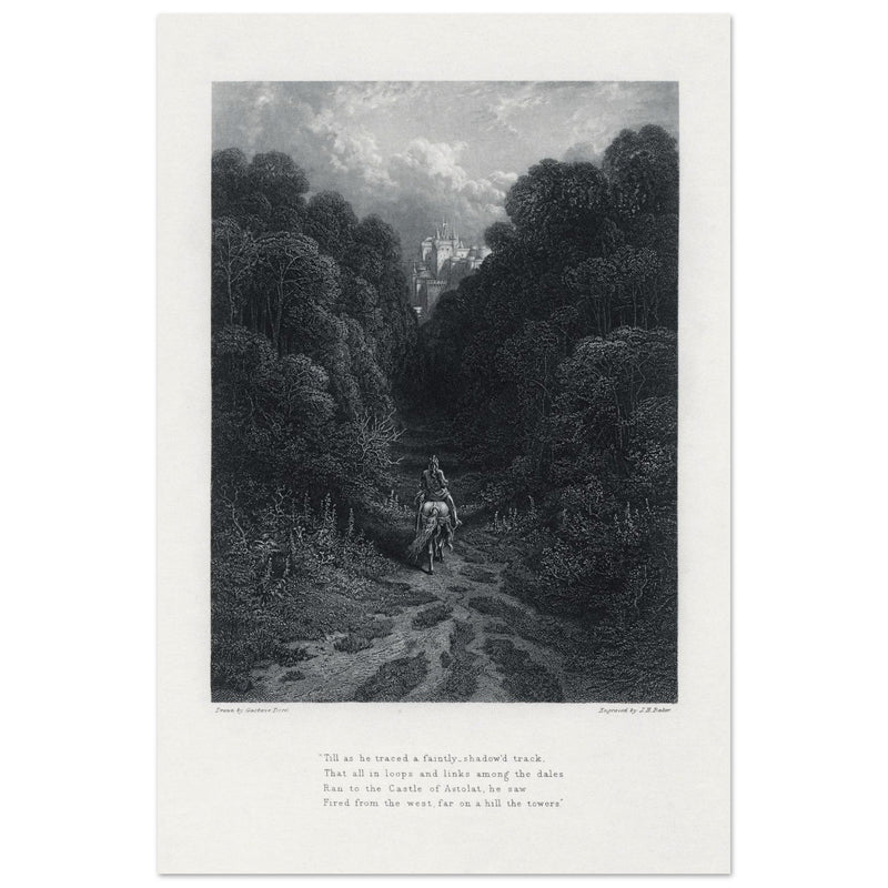 Gustave Dore illustration of King Arthur legend .Lancelot approaching the Castle of Astolat, Idylls of the King by Alfred Tennyson.