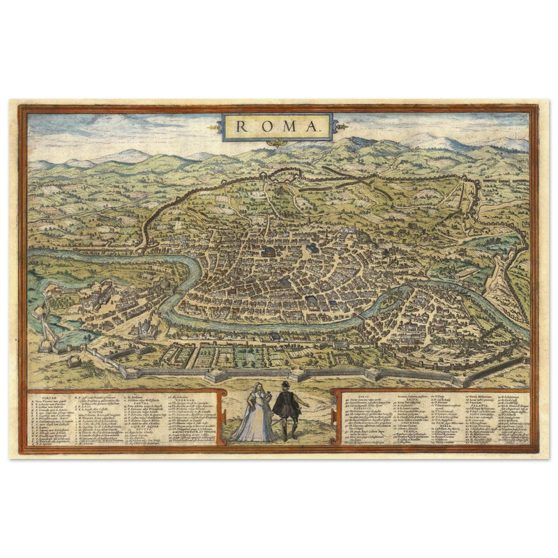 Ancient map of Rome with engravings by Georg Braun and Frans Hogenberg.