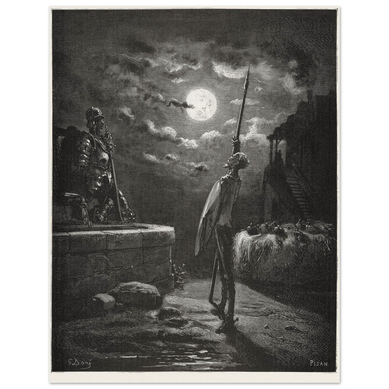 Don Quixote by Gustave Dore. The knight raising his sword against the moon at night.