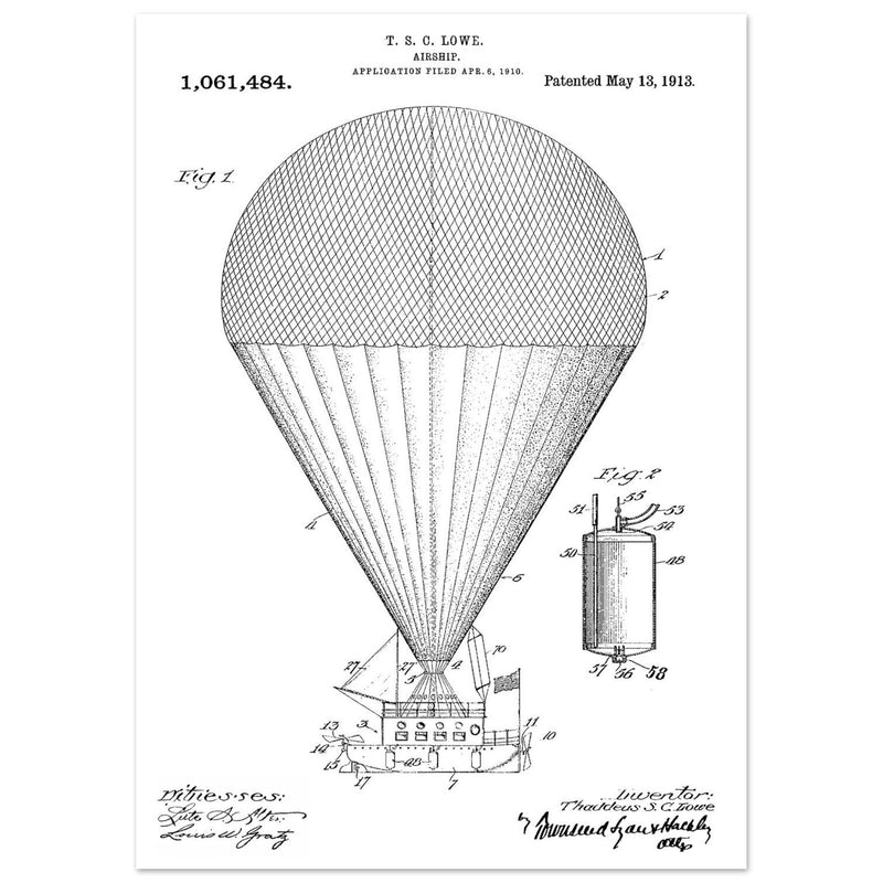 Airship patent drawing by T S C lowe Air balloon illustration