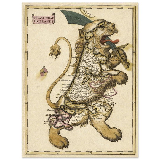 Ancient map of the Graafschap Holland in the form of the Netherlands Lion.
