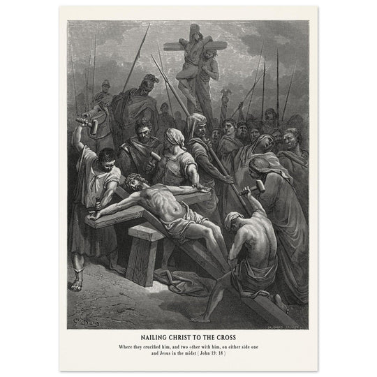 Gustave Dore The Bible engraving print . Nailing Christ to the cross illustration .