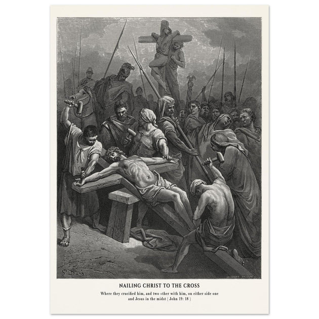 Gustave Dore The Bible engraving print . Nailing Christ to the cross illustration .