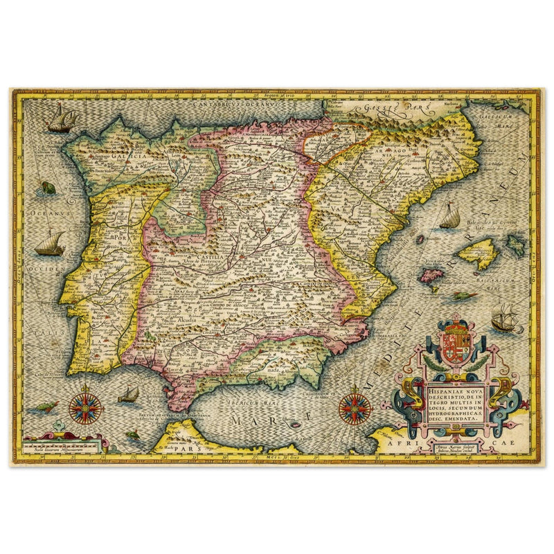 Ancient Spain and Portugal map. Iberian Peninsula cartography by Henricus Hondius.
