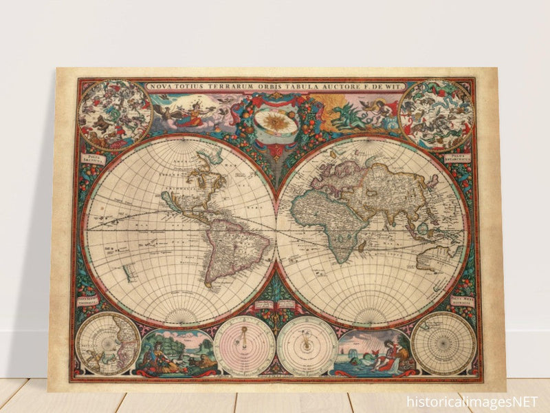 1660 Ancient old world map. Double hemisphere antique map reproduction.