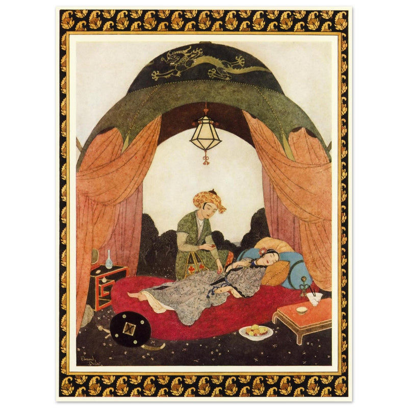 Edmund Dulac and one of his illustration for Princess Badoura fairy tale. Camaralzaman Finds the Talisman .