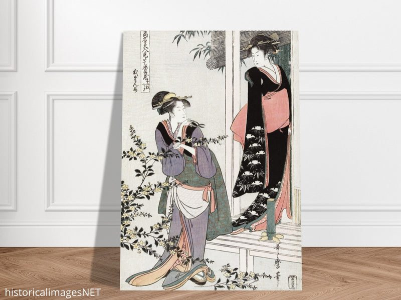 Two women by a blooming yamabuki bush: the second act by Kitagawa Utamaro