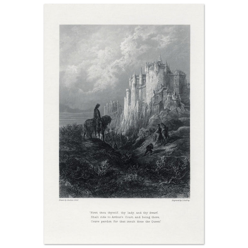 Gustave Dore illustration of King Arthur legend . Camelot . From the book Idylls of the King by Alfred Tennyson.