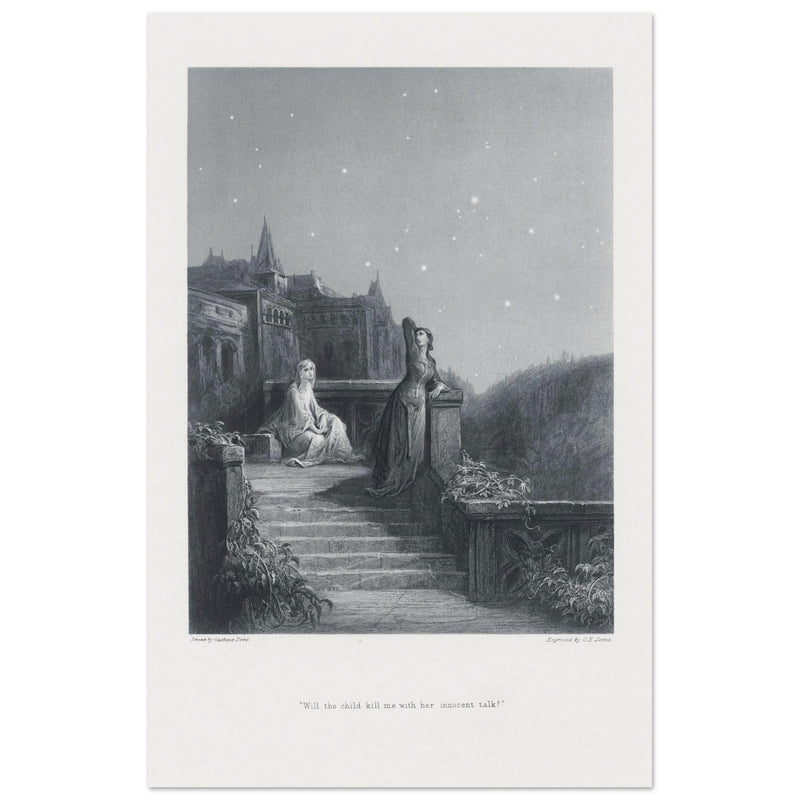 Gustave Dore illustration of King Arthur legend . Terrace scene with Guinevere. From the book Idylls of the King by Alfred Tennyson.