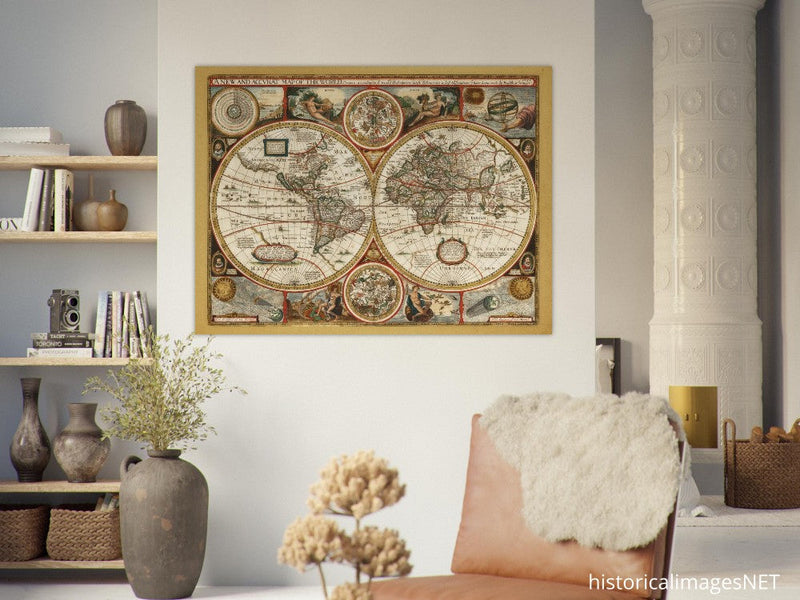 Ancient world map. Beautiful illustrated double sphere cartography of the XVIII Century by Frederick de Wit
