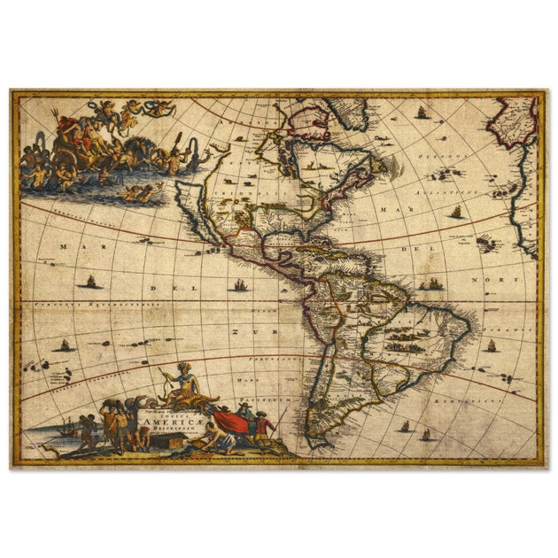 Ancient old illustrated map of America by Jacobum Meursium XVII Century