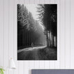World War 2 poster. American soldier walking along forest near Bastogne .