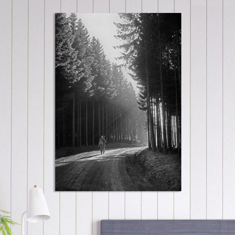 World War 2 poster. American soldier walking along forest near Bastogne .