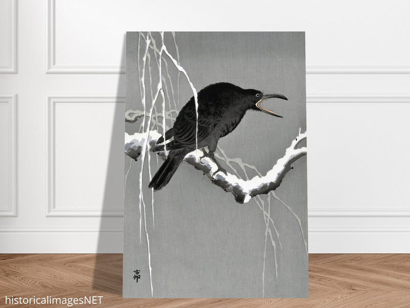 Crow on snowy tree branch by Ohara Koson, ,