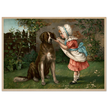 Girl in pink dress and white bonnet with dog vintage illustration poster by Knapp 1892