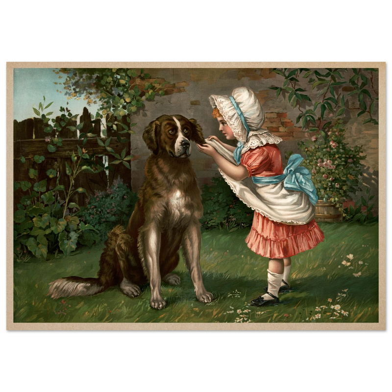 Girl in pink dress and white bonnet with dog vintage illustration poster by Knapp 1892