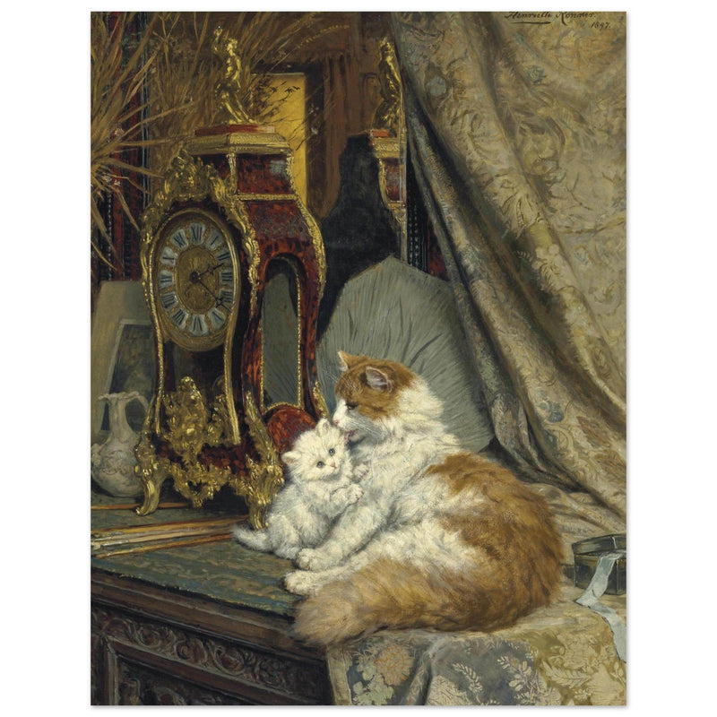A Mother Cat and her Kitten with a Bracket Clock by Henriette Ronner Knip
