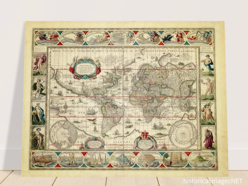 Ancient old world map 1638. Noua totius terrarum orbis geographica ac hydrographica tabula by Willem Janszoon Blaeu