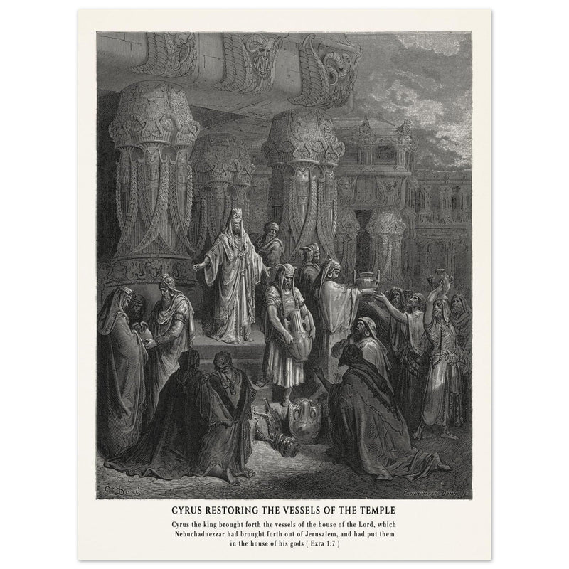 Gustave Dore The Bible engraving print . Cyrus restoring the vessesls of the temple .