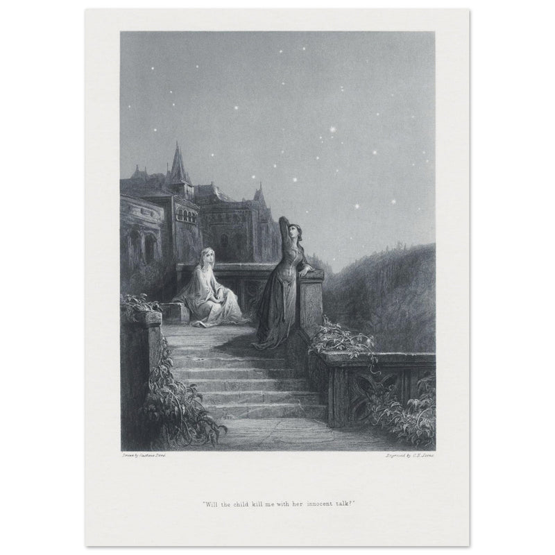 Gustave Dore illustration of King Arthur legend . Terrace scene with Guinevere. From the book Idylls of the King by Alfred Tennyson.