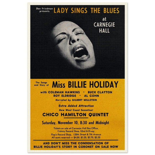Billie Holiday music poster of her concert at Carnegie Hall in 1956.