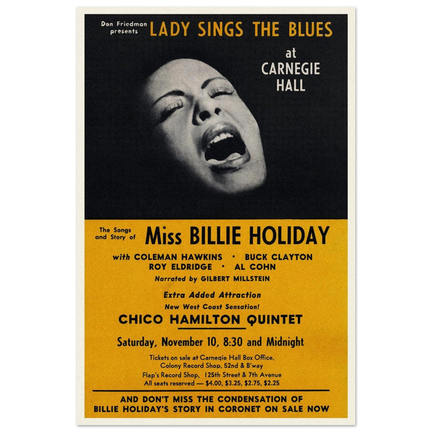 Billie Holiday music poster of her concert at Carnegie Hall in 1956.