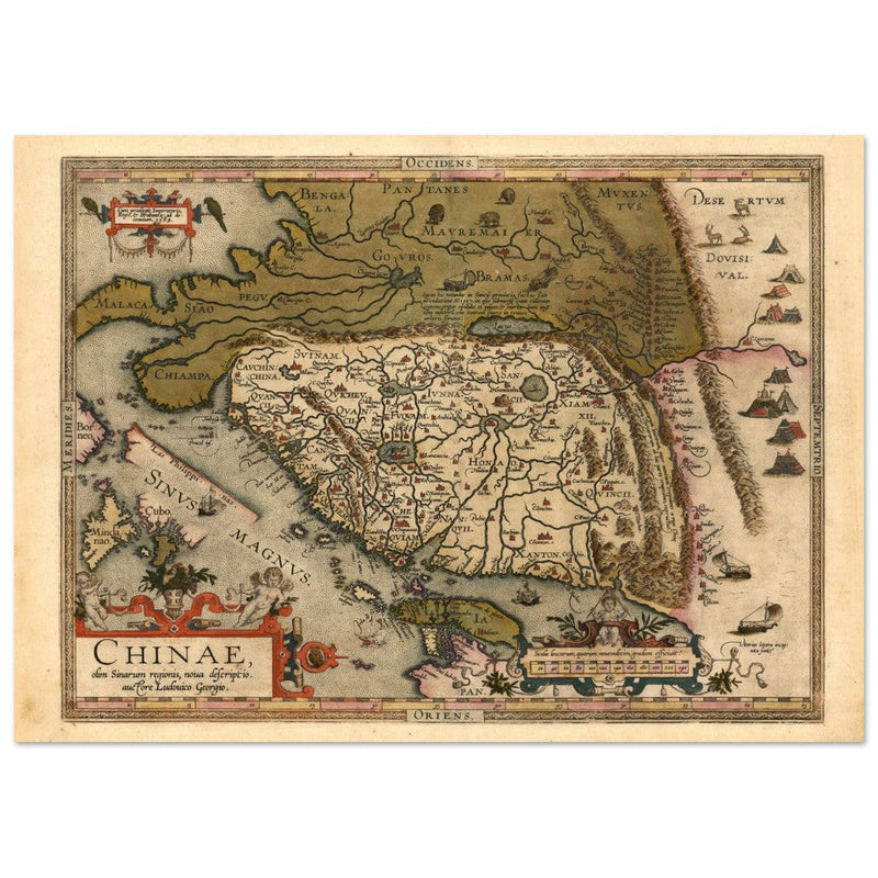 Ancient map of China by cartographer Abraham Ortelius 1584. Vintage historic map.