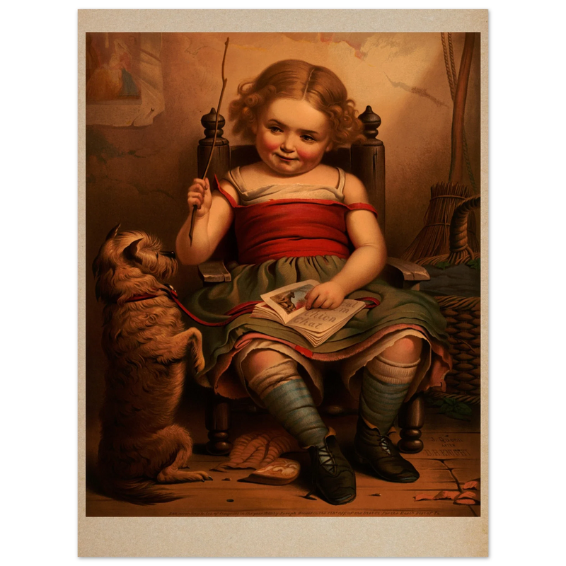 Little girl teaching dog poster reproduction by James Fuller Queen XIX Century