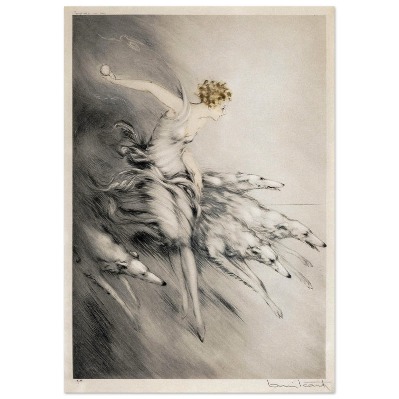 Louis Icart L' Elan 1928 Young woman with greyhound dogs Art Deco style.