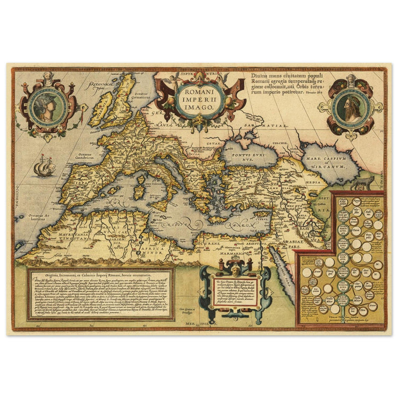 Old map of the Roman Empire by Abraham Ortelius . Poster vintage reproduction of 1579 cartography