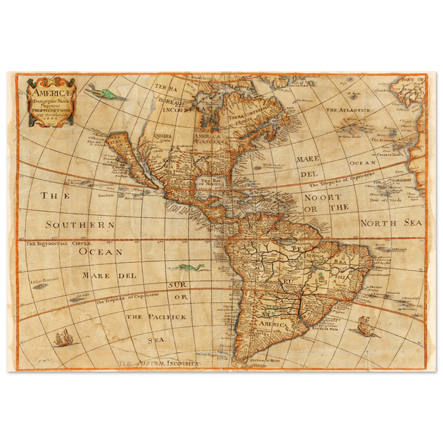 Ancient map of America. "Americae Descriptio Nova" by Philip Chetwind