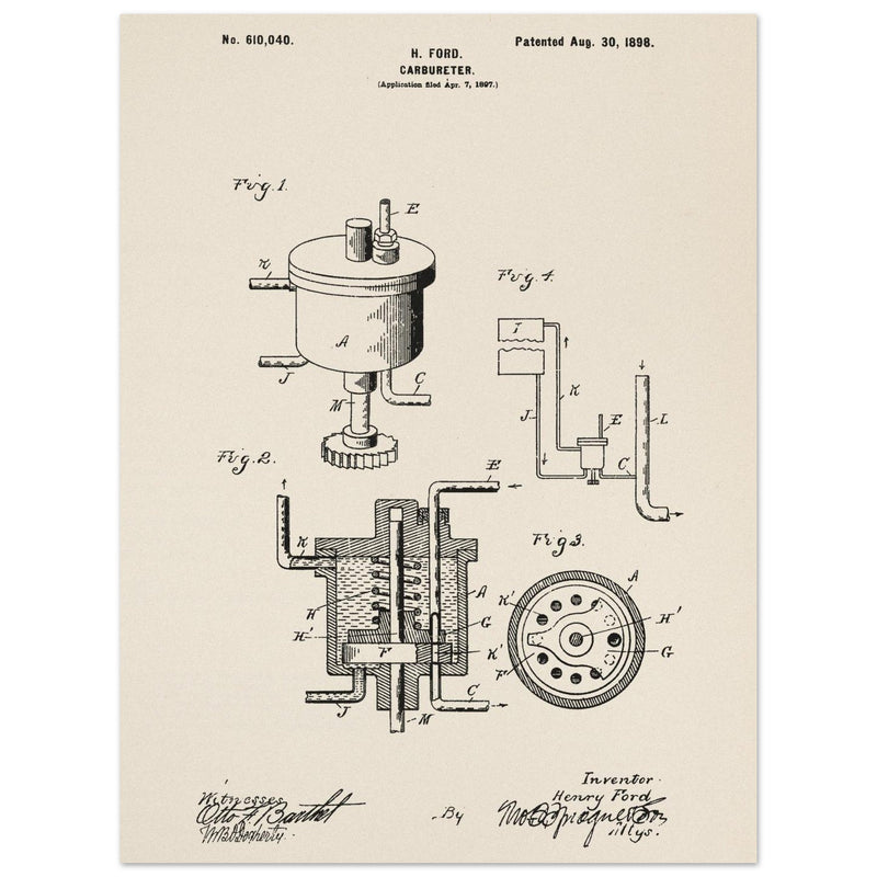 Carbureter vintage patent illustration by John Ford.