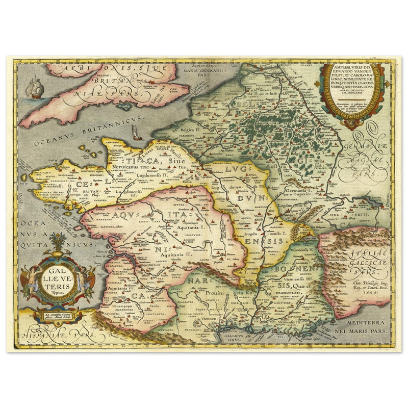 Galliae Veteris Typus by Abraham Ortelius. Ancient map of  Gaul ( now France ) .
