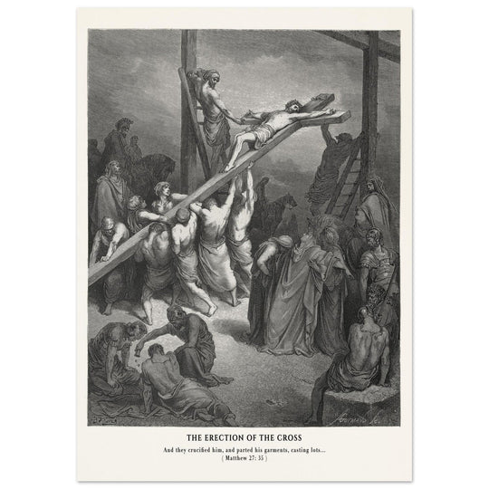 Gustave Dore The Bible engraving print . The Crucifixion  illustration .The erection of the cross.