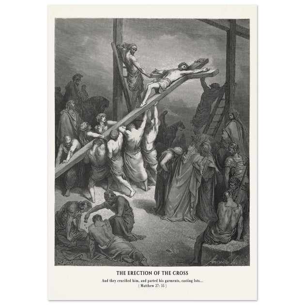 Gustave Dore The Bible engraving print . The Crucifixion  illustration .The erection of the cross.