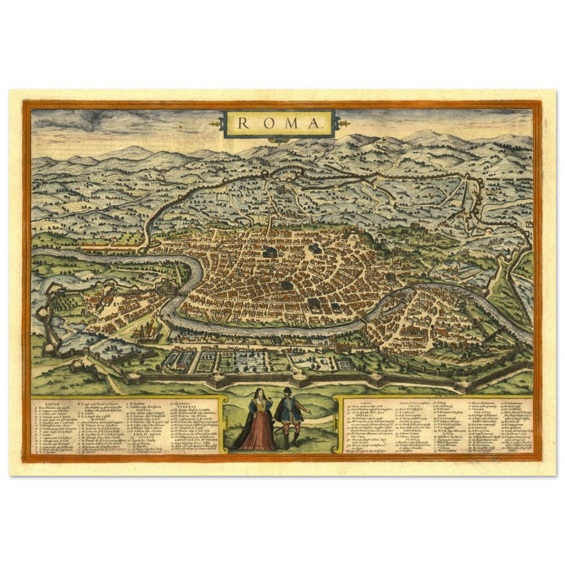 Rome Italy antique vintage city map. 1572 ancient map of the italian capital by Georg Braun and  Frans Hogenberg.
